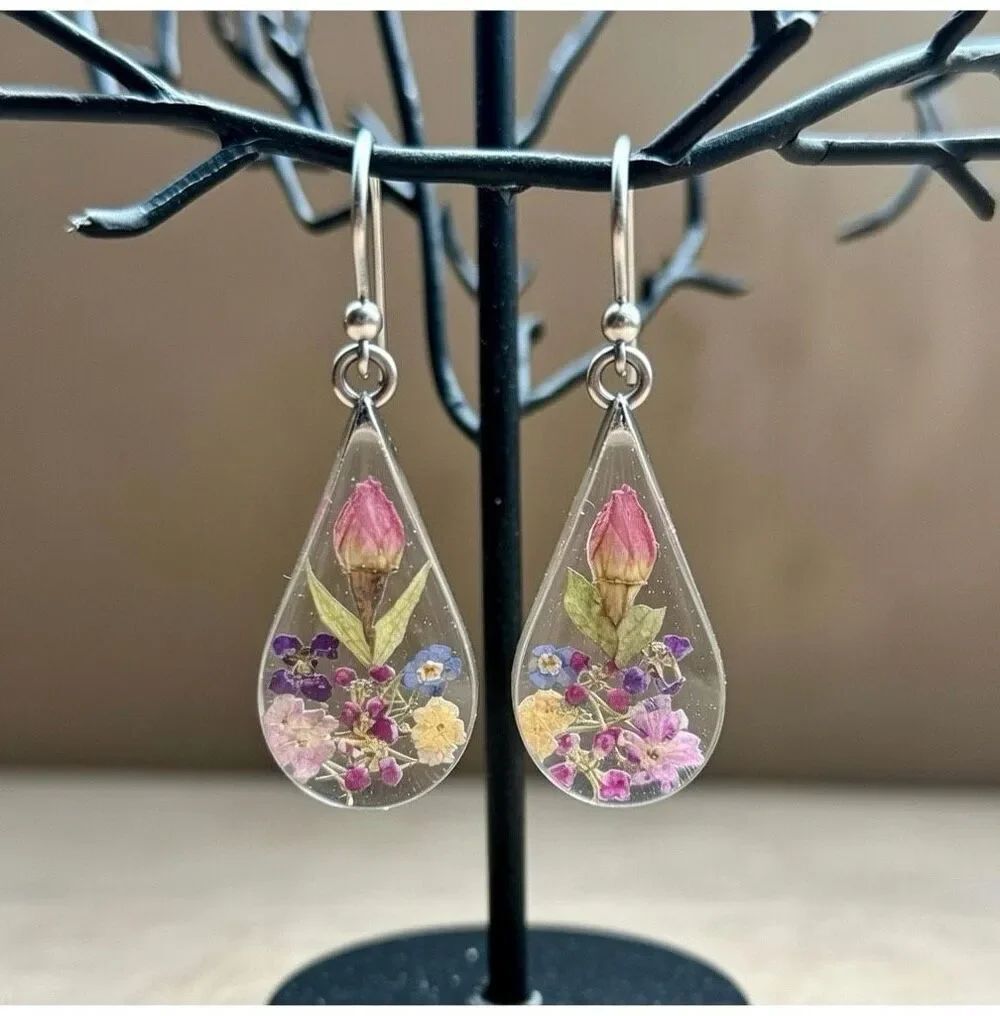 Sterling Silver Dried Flower in Acrylic Dangle Teardrop Hook Earrings .925